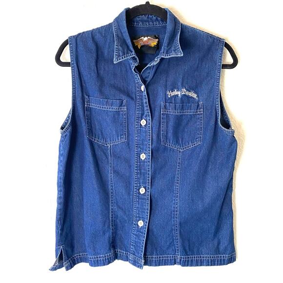 Harley-Davidson Denim Sleeveless Button-Up Top Size Large - Picture 1 of 5